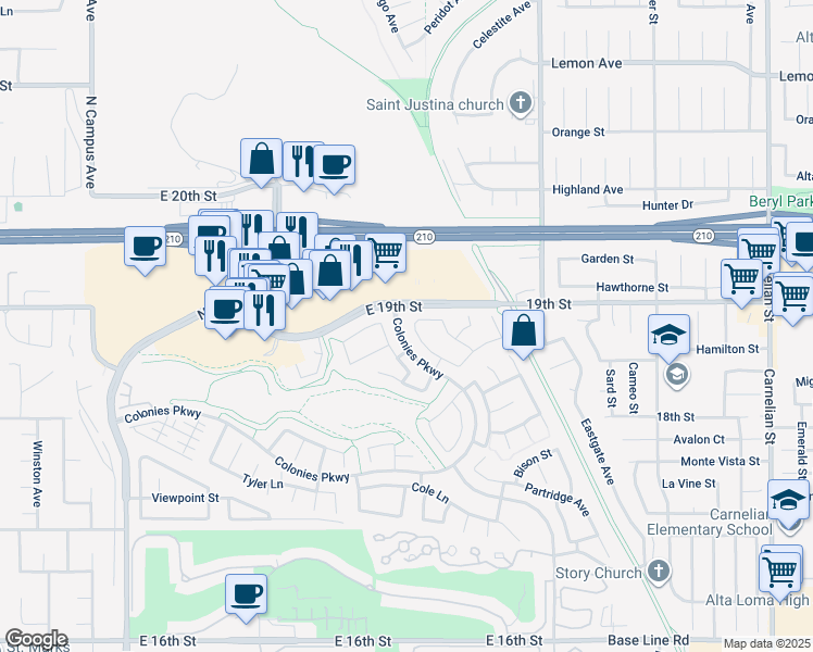 map of restaurants, bars, coffee shops, grocery stores, and more near 1891 Ambrosia Avenue in Upland