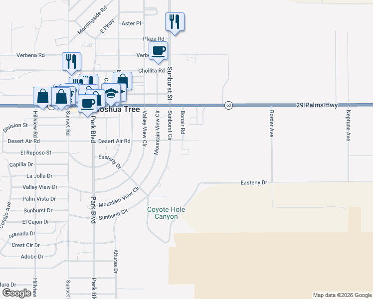 map of restaurants, bars, coffee shops, grocery stores, and more near 62001 Bonair Road in Joshua Tree