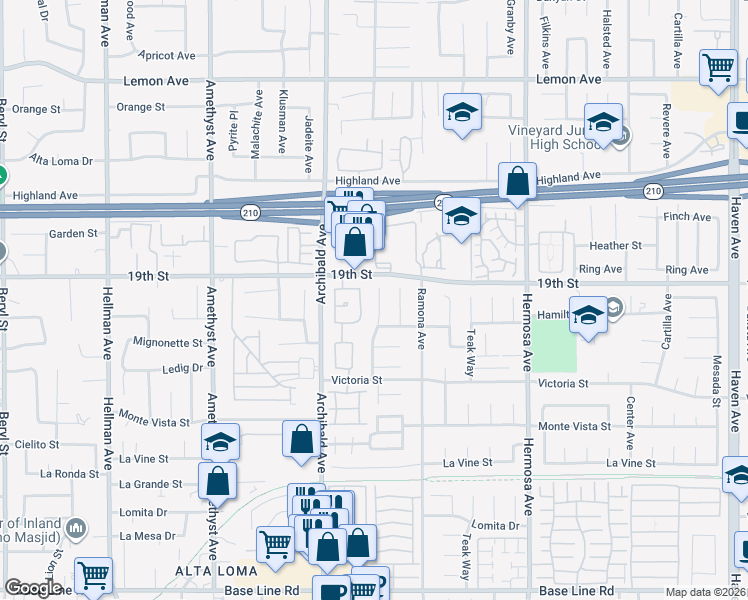map of restaurants, bars, coffee shops, grocery stores, and more near in Rancho Cucamonga
