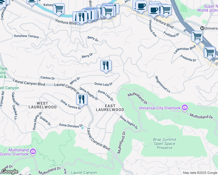 map of restaurants, bars, coffee shops, grocery stores, and more near 11268 Dona Lola Drive in Los Angeles