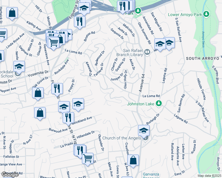 map of restaurants, bars, coffee shops, grocery stores, and more near 1545 La Loma Road in Pasadena