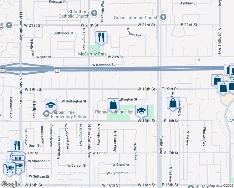 map of restaurants, bars, coffee shops, grocery stores, and more near 1887 North Redding Way in Upland