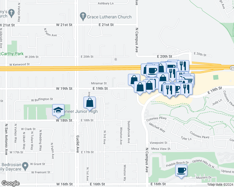 map of restaurants, bars, coffee shops, grocery stores, and more near Lemon House Court in Upland