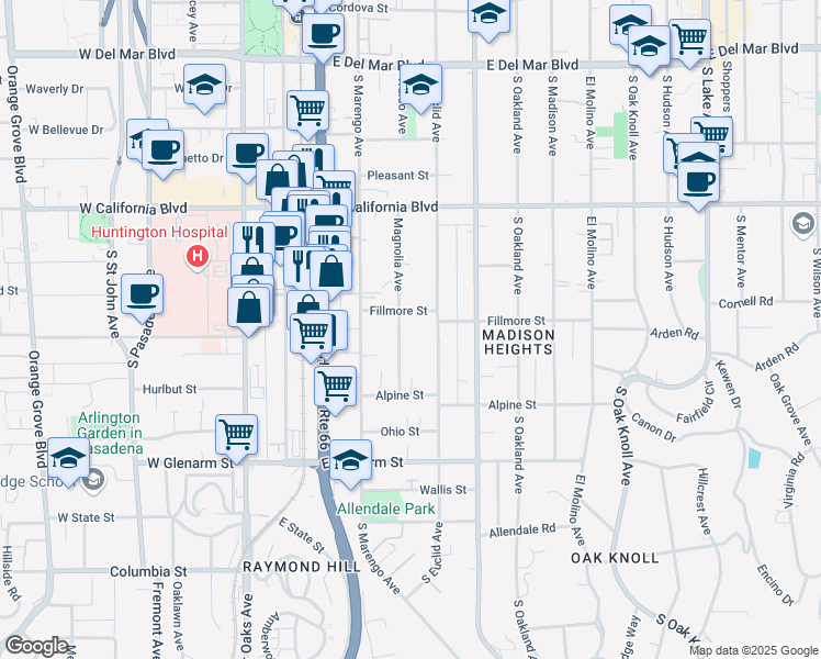 map of restaurants, bars, coffee shops, grocery stores, and more near 808 Magnolia Avenue in Corona