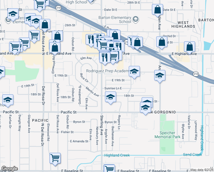 map of restaurants, bars, coffee shops, grocery stores, and more near 2024 Sunrise Lane East in San Bernardino