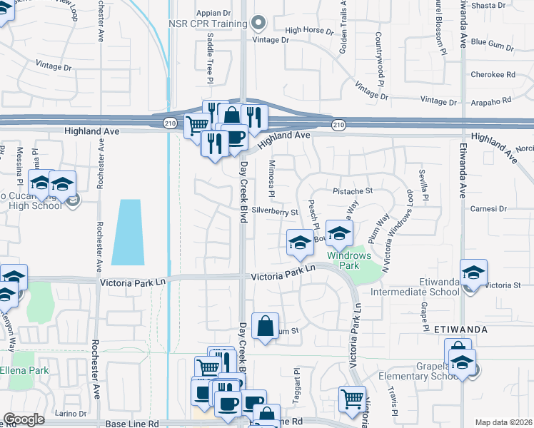 map of restaurants, bars, coffee shops, grocery stores, and more near 12260 Daisy Court in Rancho Cucamonga