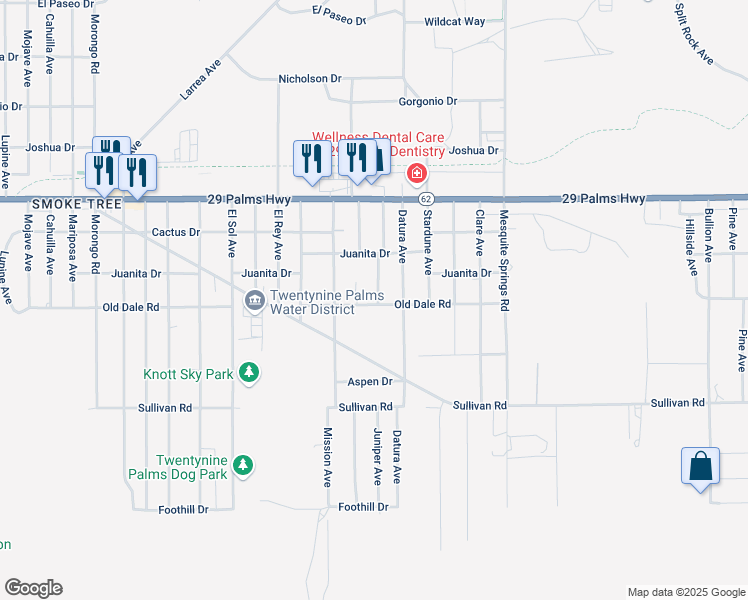 map of restaurants, bars, coffee shops, grocery stores, and more near Juniper Avenue in Twentynine Palms