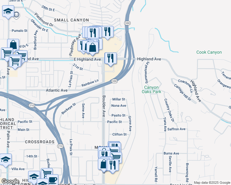 map of restaurants, bars, coffee shops, grocery stores, and more near 27981 Atlantic Avenue in Highland