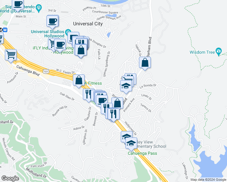 map of restaurants, bars, coffee shops, grocery stores, and more near 3322 Charleston Way in Los Angeles