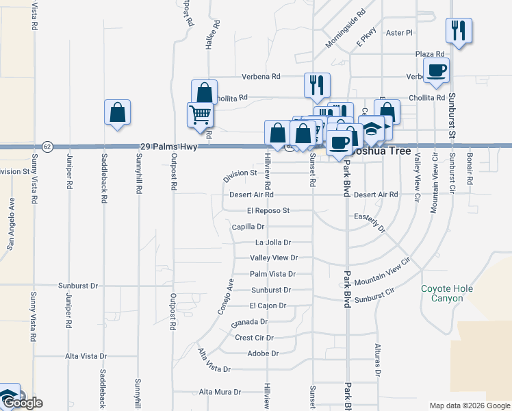 map of restaurants, bars, coffee shops, grocery stores, and more near 61538 El Reposo Street in Joshua Tree