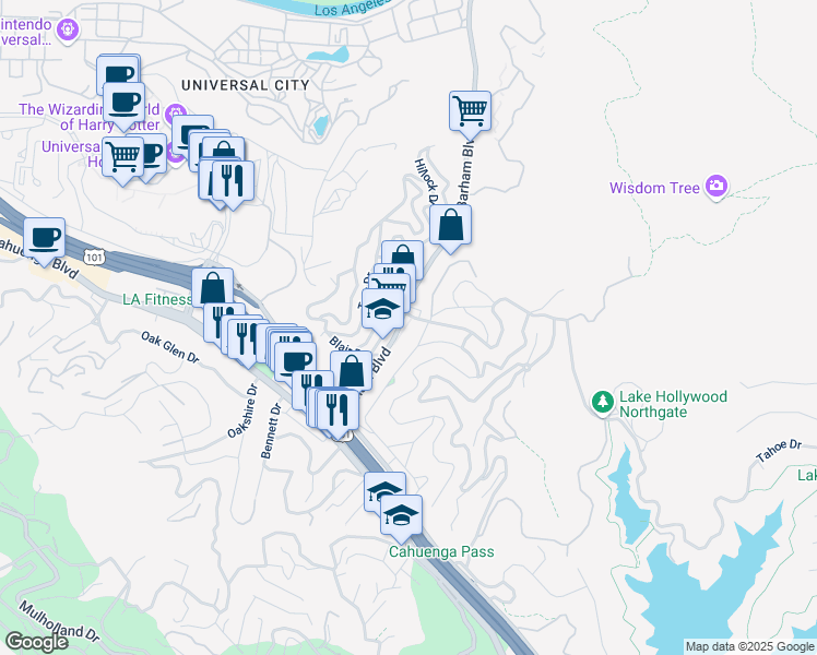 map of restaurants, bars, coffee shops, grocery stores, and more near 3360 Lake Hollywood Drive in Los Angeles
