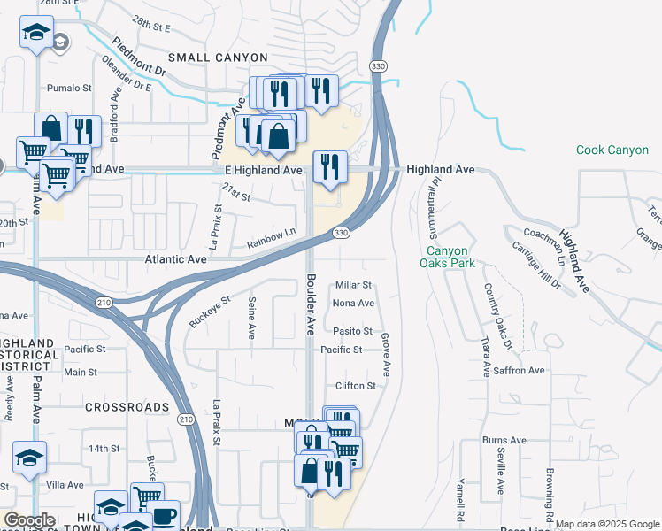 map of restaurants, bars, coffee shops, grocery stores, and more near 27953 Atlantic Avenue in Highland