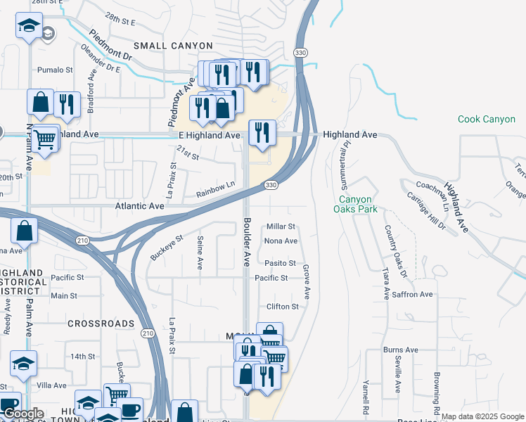 map of restaurants, bars, coffee shops, grocery stores, and more near 27953 Atlantic Avenue in Highland