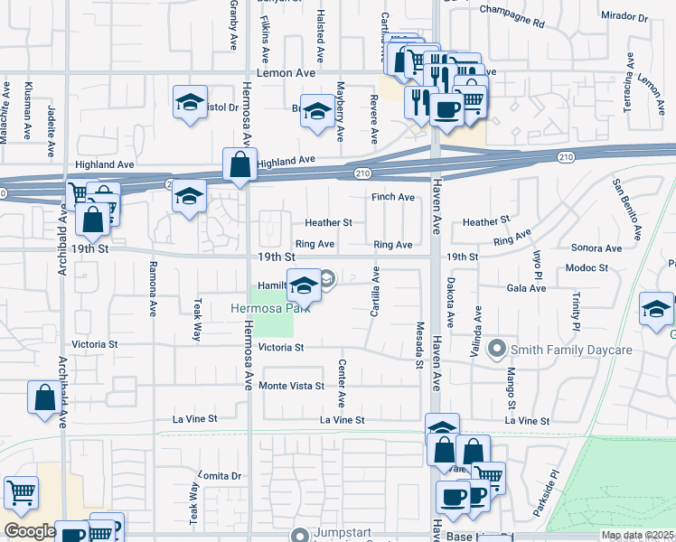 map of restaurants, bars, coffee shops, grocery stores, and more near 10295 19th Street in Rancho Cucamonga