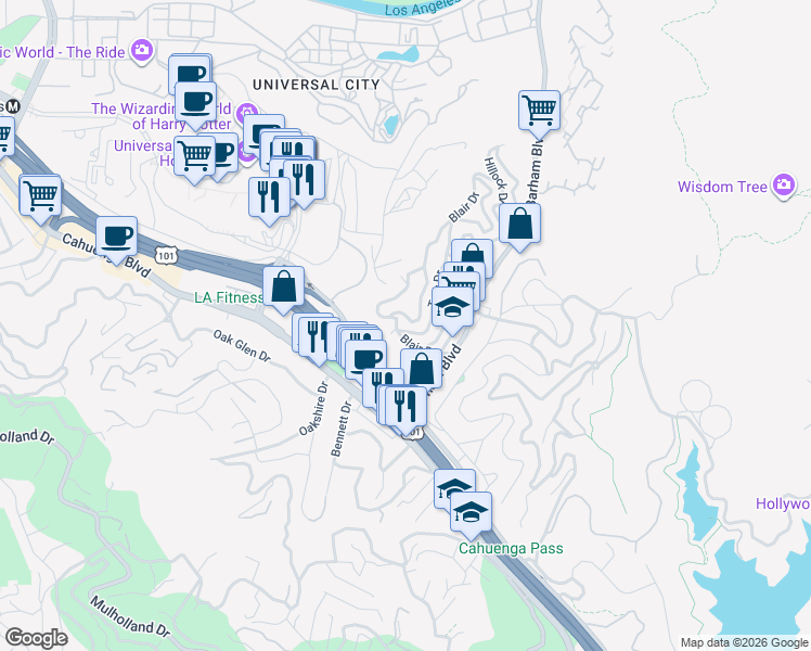 map of restaurants, bars, coffee shops, grocery stores, and more near 3322 Charleston Way in Los Angeles