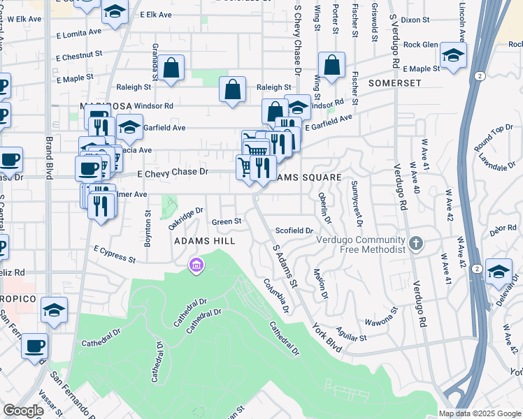 map of restaurants, bars, coffee shops, grocery stores, and more near 1220 South Adams Street in Glendale