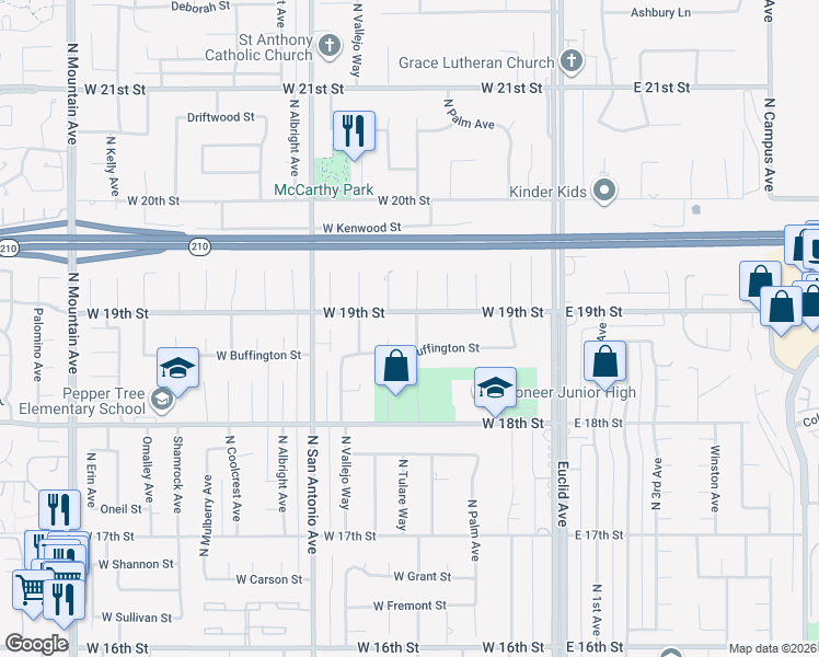 map of restaurants, bars, coffee shops, grocery stores, and more near 1887 North Redding Way in Upland
