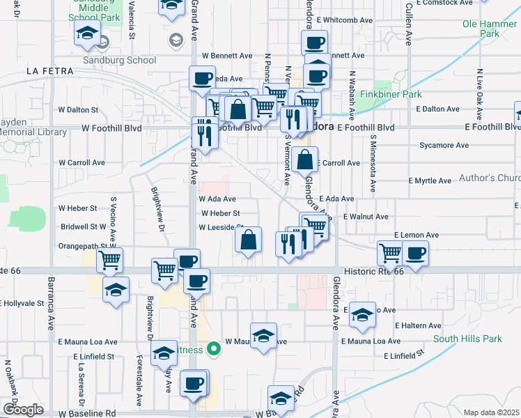 map of restaurants, bars, coffee shops, grocery stores, and more near 318 South Pennsylvania Avenue in Glendora