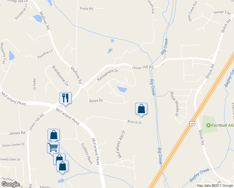 map of restaurants, bars, coffee shops, grocery stores, and more near 6030 Aderhold Way in Alpharetta