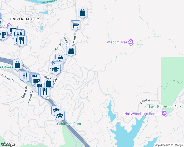 map of restaurants, bars, coffee shops, grocery stores, and more near 3070 Lake Hollywood Drive in Los Angeles
