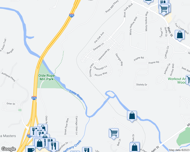 map of restaurants, bars, coffee shops, grocery stores, and more near 310 Alcovy Way in Woodstock