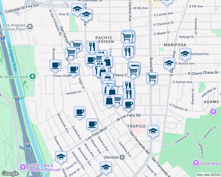 map of restaurants, bars, coffee shops, grocery stores, and more near 366 West Palmer Avenue in Glendale