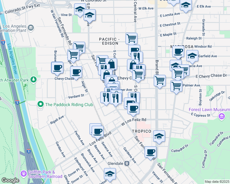 map of restaurants, bars, coffee shops, grocery stores, and more near 366 West Palmer Avenue in Glendale