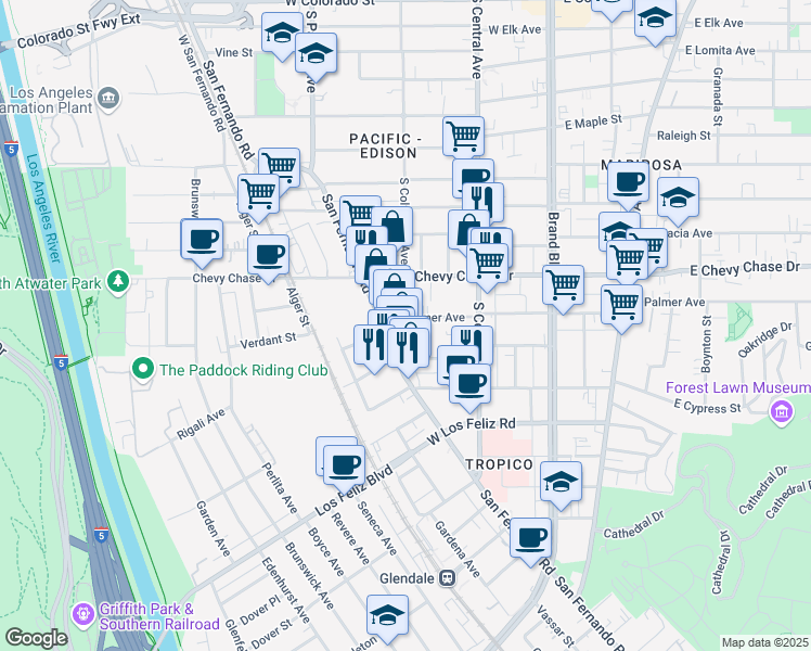 map of restaurants, bars, coffee shops, grocery stores, and more near 351 West Palmer Avenue in Glendale