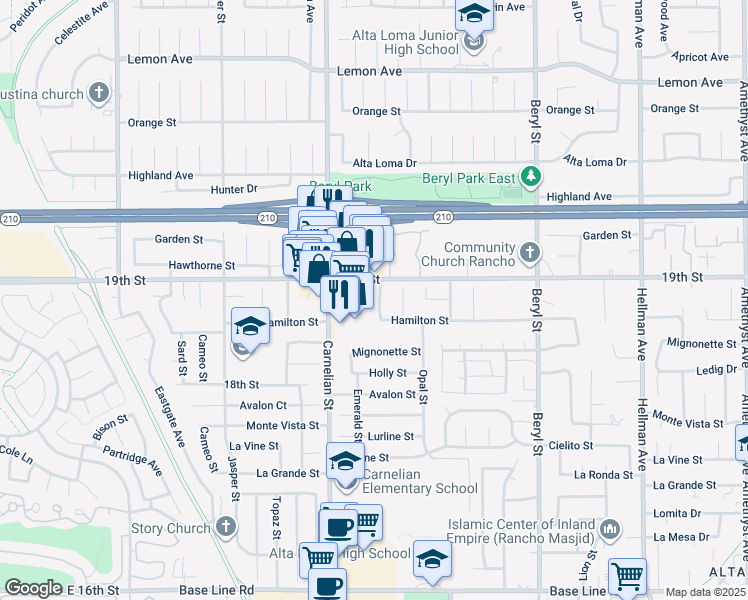 map of restaurants, bars, coffee shops, grocery stores, and more near 6740 Amber Court in Rancho Cucamonga