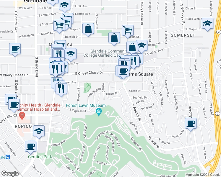 map of restaurants, bars, coffee shops, grocery stores, and more near 900 Brier Lane in Glendale