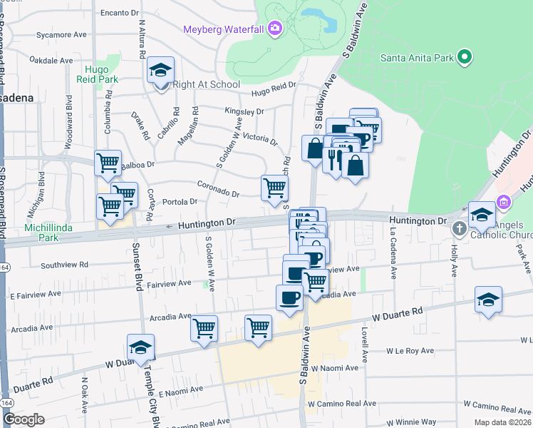 map of restaurants, bars, coffee shops, grocery stores, and more near 827 West Huntington Drive in Arcadia