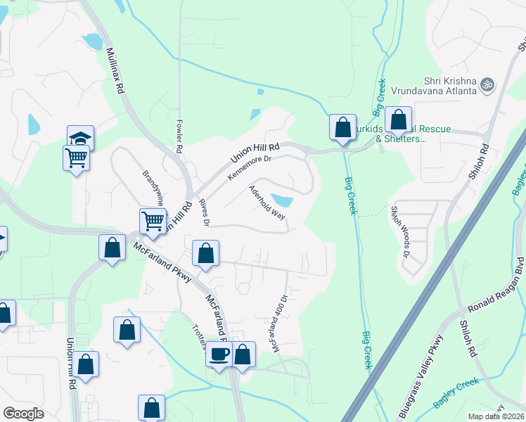 map of restaurants, bars, coffee shops, grocery stores, and more near 6025 Austin Chase in Alpharetta