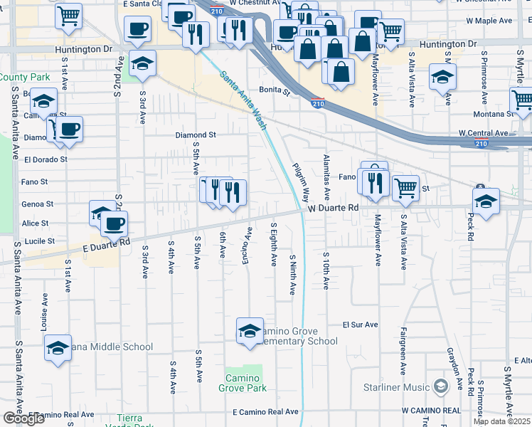 map of restaurants, bars, coffee shops, grocery stores, and more near 809 West Duarte Road in Monrovia