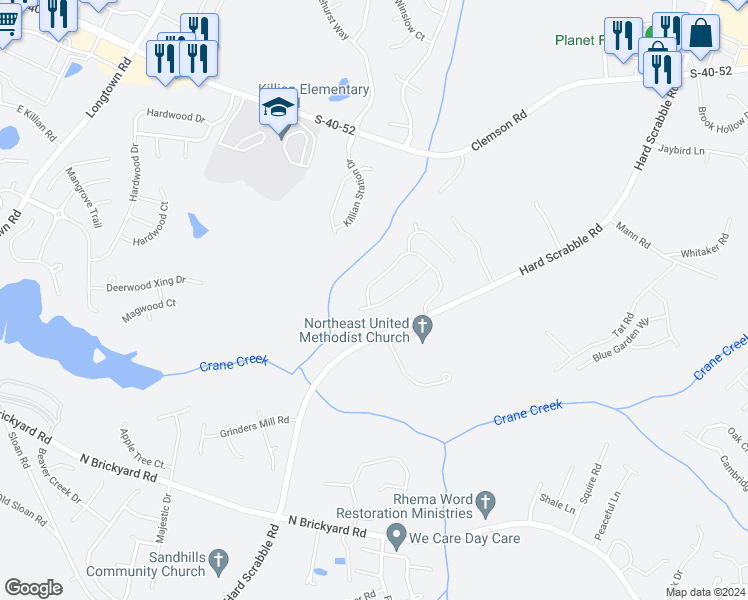 map of restaurants, bars, coffee shops, grocery stores, and more near 221 Hester Woods Drive in Columbia
