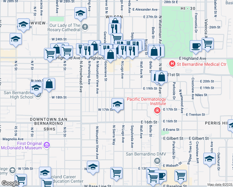 map of restaurants, bars, coffee shops, grocery stores, and more near 1897 North Sierra Way in San Bernardino