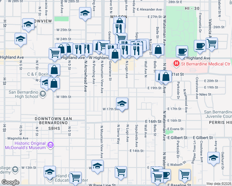 map of restaurants, bars, coffee shops, grocery stores, and more near 1897 North Sierra Way in San Bernardino