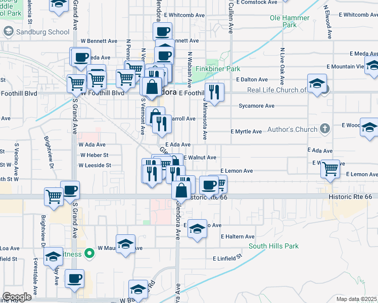 map of restaurants, bars, coffee shops, grocery stores, and more near 303 East Ada Avenue in Glendora