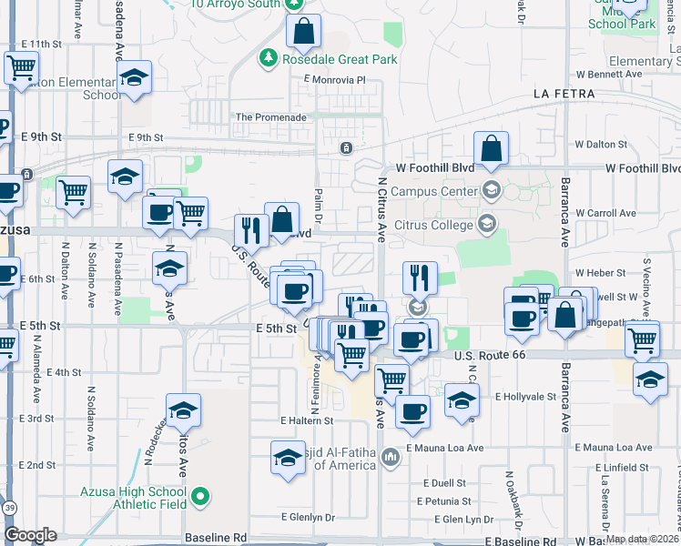 map of restaurants, bars, coffee shops, grocery stores, and more near 840 East Foothill Boulevard in Azusa