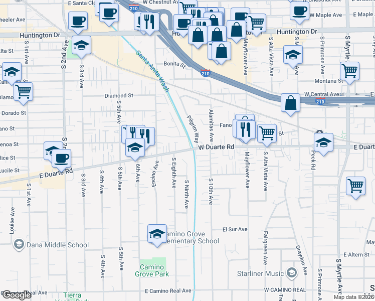 map of restaurants, bars, coffee shops, grocery stores, and more near 1729 Pilgrim Way in Monrovia