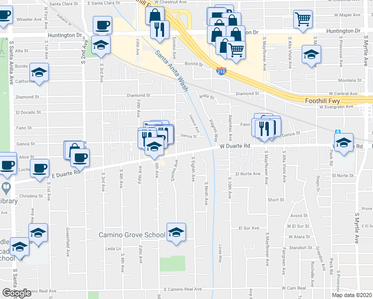 map of restaurants, bars, coffee shops, grocery stores, and more near 1808 Encino Avenue in Monrovia