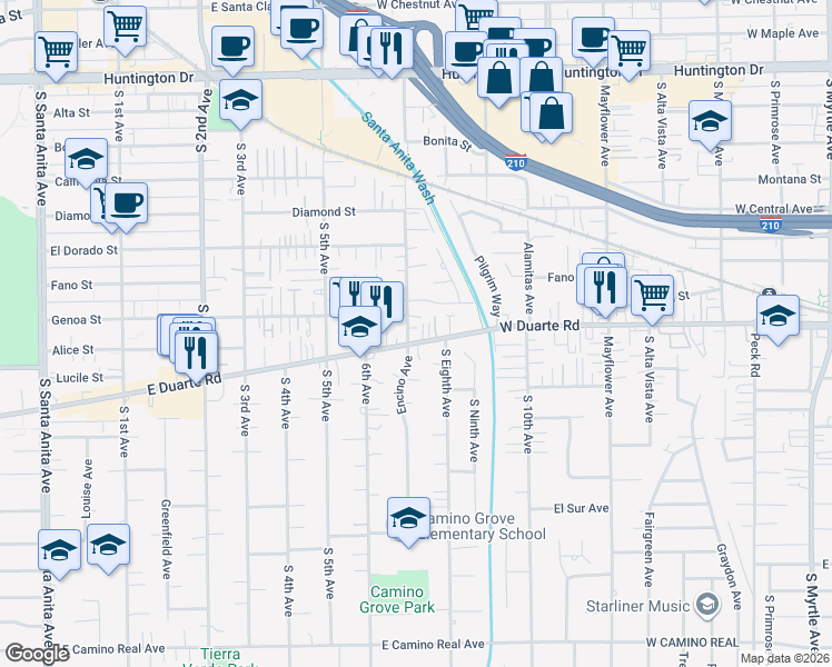 map of restaurants, bars, coffee shops, grocery stores, and more near 1808 Encino Avenue in Monrovia