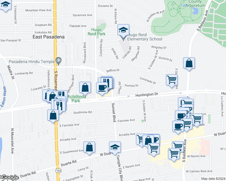 map of restaurants, bars, coffee shops, grocery stores, and more near 722 Sunset Boulevard in Arcadia