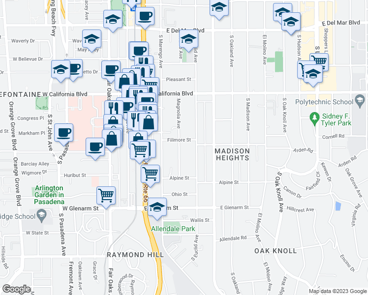 map of restaurants, bars, coffee shops, grocery stores, and more near 765 Magnolia Avenue in Pasadena