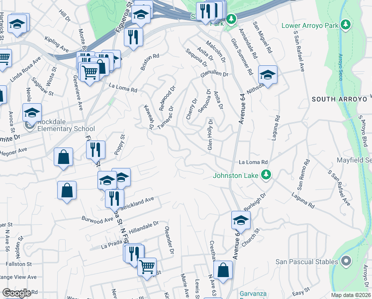 map of restaurants, bars, coffee shops, grocery stores, and more near 1545 La Loma Road in Pasadena
