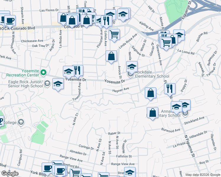 map of restaurants, bars, coffee shops, grocery stores, and more near 1426 Yosemite Drive in Los Angeles