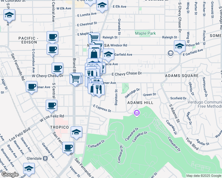 map of restaurants, bars, coffee shops, grocery stores, and more near 508 East Palmer Avenue in Glendale