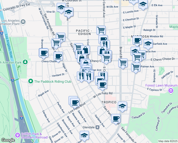 map of restaurants, bars, coffee shops, grocery stores, and more near 351 West Palmer Avenue in Glendale