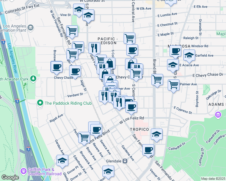 map of restaurants, bars, coffee shops, grocery stores, and more near 4400 San Fernando Road in Glendale