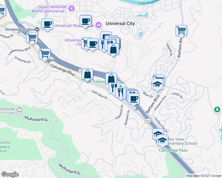 map of restaurants, bars, coffee shops, grocery stores, and more near 3400 D Cahuenga Boulevard West in Los Angeles