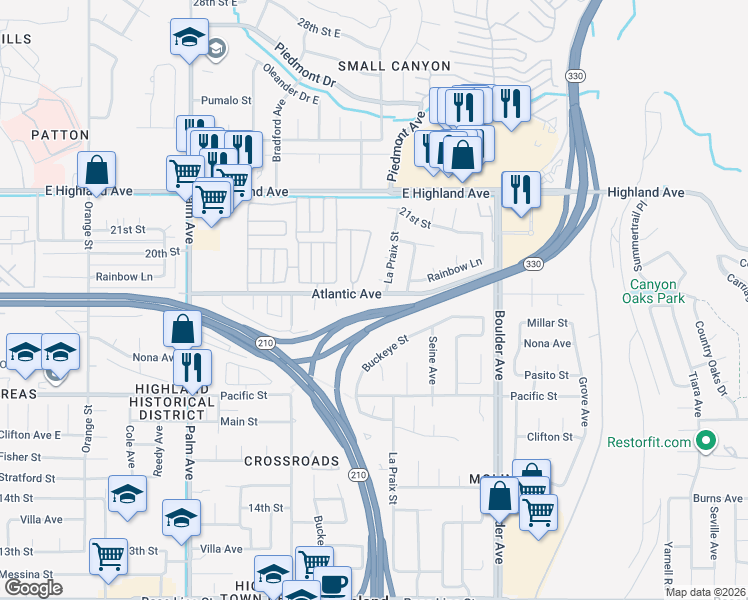 map of restaurants, bars, coffee shops, grocery stores, and more near 27661 Rainbow Court in Highland